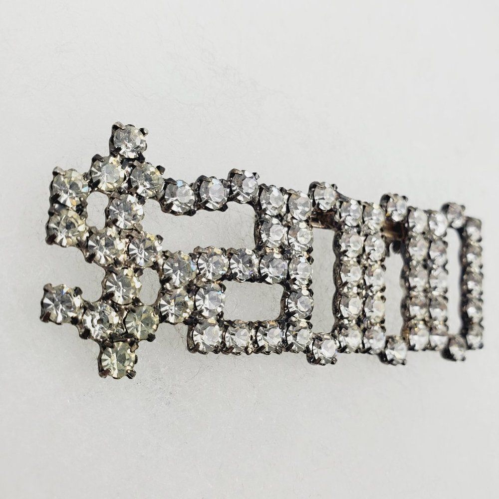 Vtg $ Dollar Sign Year 2000 Y2K Clear Sparkly Crystal Rhinestone Brooch Pin Long - Picture 4 of 8